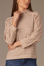 Camel Off White Stripe Three Quarter Dolman Sleeve Mock Neck Stripe Print Hi-Low Hem Knit Top