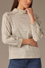 Sage Off White Stripe Three Quarter Dolman Sleeve Mock Neck Stripe Print Hi-Low Hem Knit Top