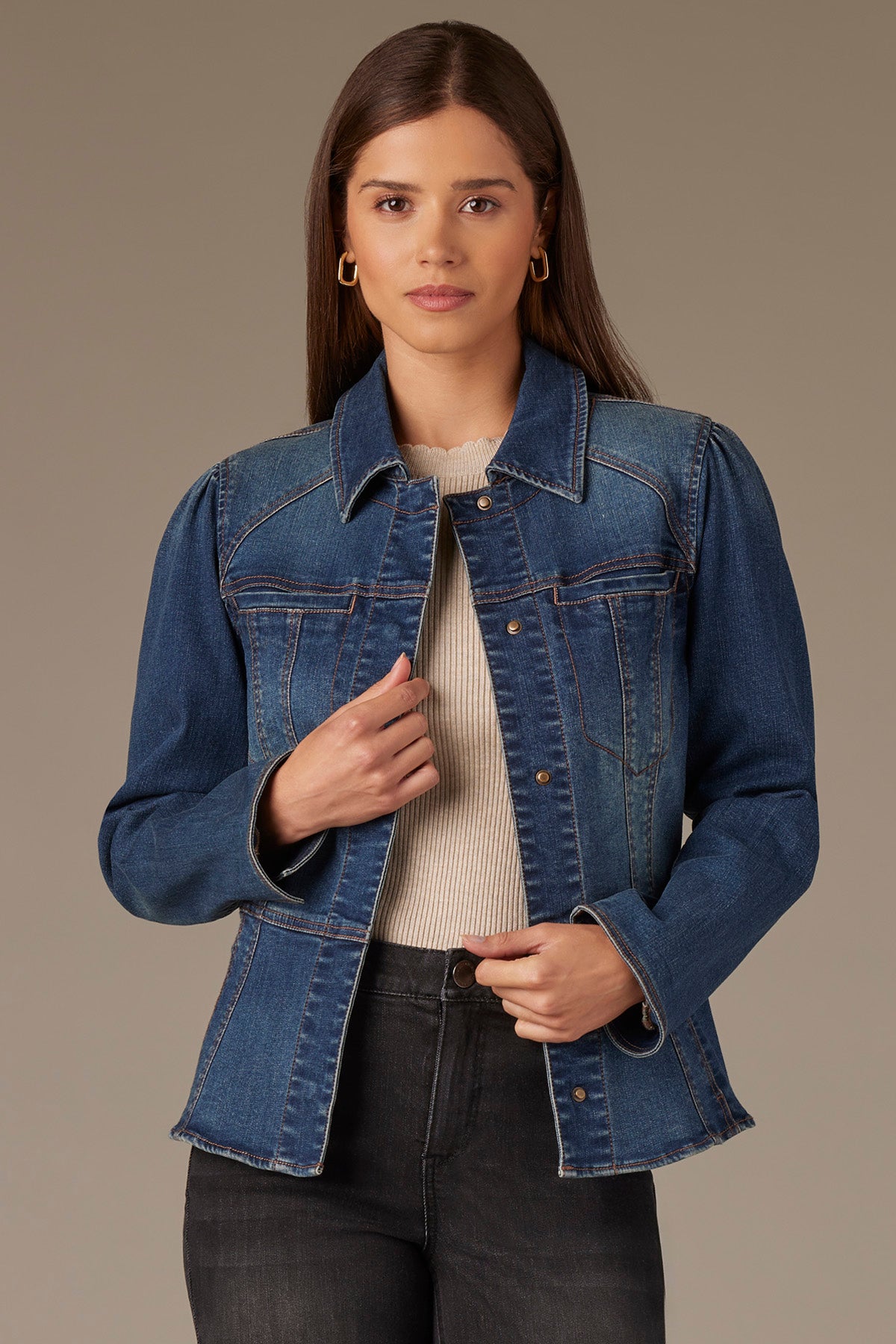 Long Sleeve Snap Front Peplum Hem Denim Jacket – Wit & Wisdom