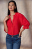 Poppy Red Puff Elbow Scallop Sleeve Ruffle Stand Collar Neck Button Down Crochet Placket Pleated Yoke Woven Top