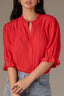 Poppy Red Puff Elbow Scallop Sleeve Ruffle Stand Collar Neck Button Down Crochet Placket Pleated Yoke Woven Top