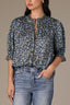 Black Deep Seagrass Multi Puff Elbow Scallop Sleeve Ruffle Stand Collar Neck Button Down Crochet Placket Pleated Yoke Floral Printed Woven Top