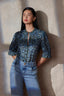 Black Deep Seagrass Multi Puff Elbow Scallop Sleeve Ruffle Stand Collar Neck Button Down Crochet Placket Pleated Yoke Floral Printed Woven Top