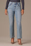 Light Blue Artisanal Denim Contour Shape Technology Skyrise Rhinestone Raw Hem Strings V-Yoke Bennett Barely Boot Petite Jean