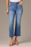 Mid Blue Artisanal Denim High Rise Tatum Cropped Reverse Finish Fray Hem Contour Shape Technology Itty Bitty Flare Jean
