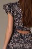 Black Off White Short Structured Shoulder Cap Sleeve Seaming Floral Print Split V-Neck Elastic Waist Peekaboo Back Cut Out Woven Dress