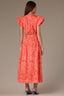 Pink Papaya Punch Short Structured Shoulder Cap Sleeve Seaming Floral Print Split V-Neck Elastic Waist Peekaboo Back Cut Out Woven Dress