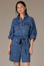 Mid Blue Denim Elbow Barrel Sleeve Collar Neck Button Front Double Breast Pocket Self Tie Waist Romper