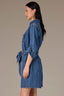 Mid Blue Denim Elbow Barrel Sleeve Collar Neck Button Front Double Breast Pocket Self Tie Waist Romper