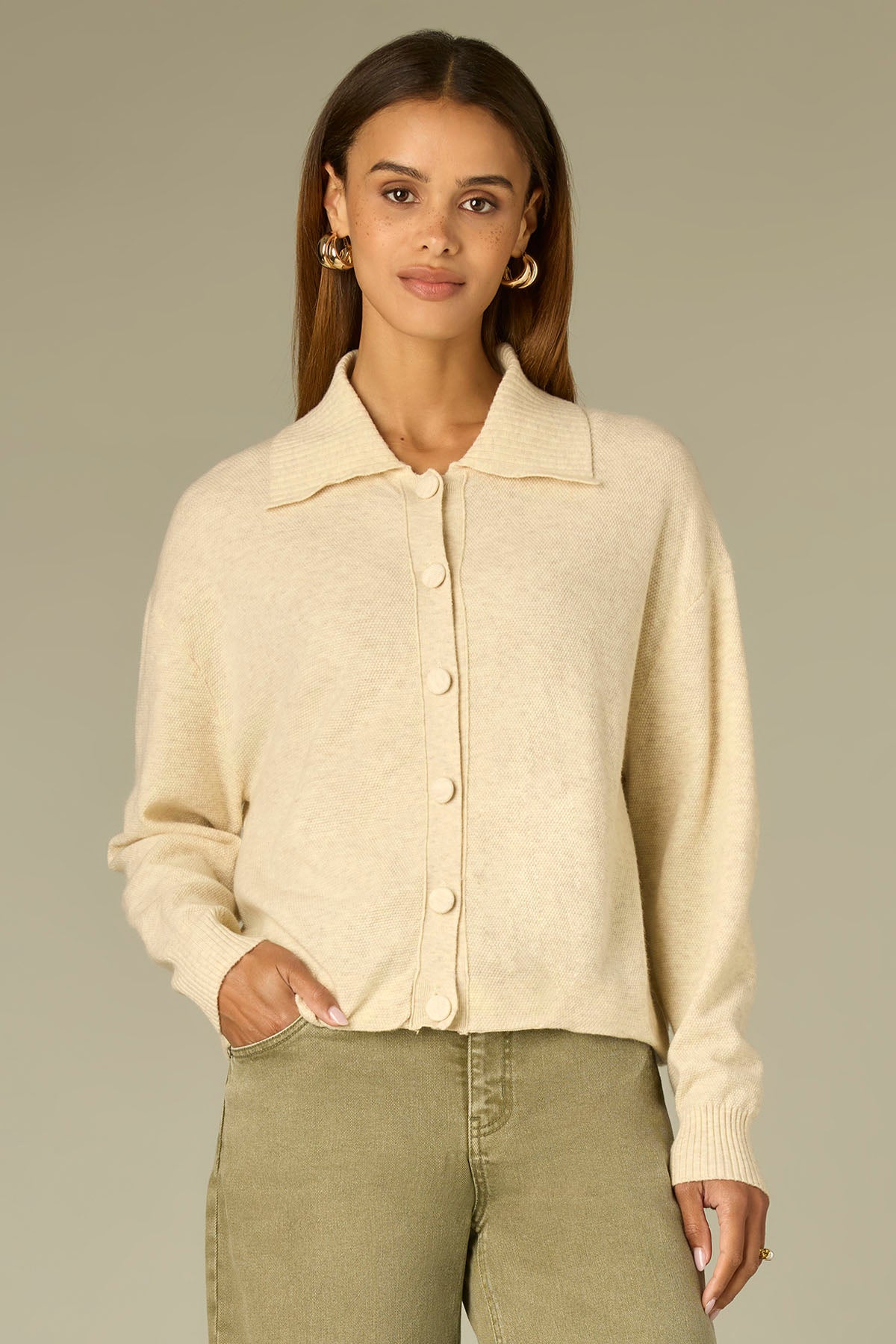 Long Dolman Sleeve Snap Button Bubble Hem Sweater Cardigan – Wit