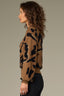 Golden Brown Black Long Blouson Sleeve Overlap Mock Neck Banded Hem Abstract Metallic Jacquard Print Pull Over Sweater
