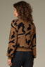 Golden Brown Black Long Blouson Sleeve Overlap Mock Neck Banded Hem Abstract Metallic Jacquard Print Pull Over Sweater