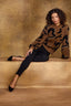 Golden Brown Black Long Blouson Sleeve Overlap Mock Neck Banded Hem Abstract Metallic Jacquard Print Pull Over Sweater