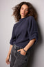 Blue Charcoal Three Quarter Dolman Blouson Sleeve Pleated Funnel Neck Banded Hem Sweater Top