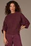 Lotus Root Three Quarter Dolman Blouson Sleeve Pleated Funnel Neck Banded Hem Sweater Top