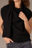 Black Extended Shoulder Sleeve Wraparound Ribbed Scarf Round Neck Banded Hem Sweater
