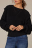 Black Long Banded Sleeve Extended Ribbed Flange Shoulder Round Neck Pointelle Sweater