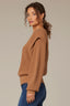 Caramel Brown Long Banded Sleeve Extended Ribbed Flange Shoulder Round Neck Pointelle Sweater