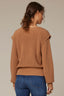 Caramel Brown Long Banded Sleeve Extended Ribbed Flange Shoulder Round Neck Pointelle Sweater