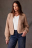 Oatmeal Long Blouson Cuff Sleeve Open Front Patch Pocket Open Work Round Collarless Neck Scallop Hem Sweater Cardigan