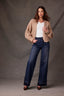 Oatmeal Long Blouson Cuff Sleeve Open Front Patch Pocket Open Work Round Collarless Neck Scallop Hem Sweater Cardigan