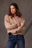 Oatmeal Long Blouson Cuff Sleeve Open Front Patch Pocket Open Work Round Collarless Neck Scallop Hem Sweater Cardigan