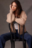 Oatmeal Long Blouson Cuff Sleeve Open Front Patch Pocket Open Work Round Collarless Neck Scallop Hem Sweater Cardigan