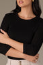 Black Below Elbow Sleeve Whipstitch Detail Round Neck Ribbed Sweater