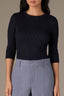 Navy Below Elbow Sleeve Whipstitch Detail Round Neck Ribbed Sweater