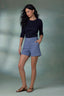 Navy Below Elbow Sleeve Whipstitch Detail Round Neck Ribbed Sweater