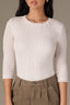 Off White Below Elbow Sleeve Whipstitch Detail Round Neck Ribbed Sweater