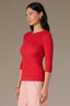Poppy Red Below Elbow Sleeve Whipstitch Detail Round Neck Ribbed Sweater