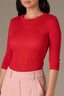 Poppy Red Below Elbow Sleeve Whipstitch Detail Round Neck Ribbed Sweater