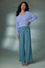 Dusty Blue Skyrise Extended Tab Faux Back Pocket Side Panel Wide Leg Contour Shape Technology Trouser Pant
