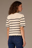 Ivory Black Short Puff Sleeve Scallop Tipping Round Neck Stripe Sweater