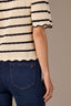 Ivory Black Short Puff Sleeve Scallop Tipping Round Neck Stripe Sweater