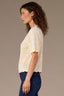 Off White Sunny Lime Short Puff Sleeve Scallop Tipping Round Neck Stripe Sweater