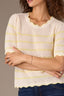 Off White Sunny Lime Short Puff Sleeve Scallop Tipping Round Neck Stripe Sweater