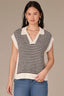 Off White Black Stripe Extended Shoulder Cap Sleeve Collar V-Neck Stripes Border Print Sweater