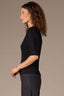 Black Pleated Cinched Elbow Sleeve Round Neck Banded Hem Scallop Edge Detail Open Work Sweater Top