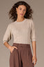 Stone Pleated Cinched Elbow Sleeve Round Neck Banded Hem Scallop Edge Detail Open Work Sweater Top