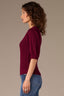 Wild Plum Pleated Cinched Elbow Sleeve Round Neck Banded Hem Scallop Edge Detail Open Work Sweater Top