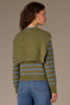 Forest Moss Airy Blue Stripe Long Sleeve Round Twofer Neck Tie Front Striped Sweater
