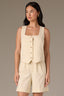 Frosty Lemon Sleeveless Button Front Back Buckle Faux Slit Pockets Square Neck V-Notch Hem Woven Vest Top