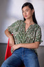 Rolling Hill Green Multi Short Half Cinched Raglan Sleeve Embroidered Overlap V-Placket Stand Collar Split V-Neck Smock Floral Print Woven Top