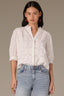 Off White Below Elbow Banded Lantern Ruffle Edge Sleeve Button Down Stand Collar V-Neck Scallop Edge Yoke Woven Shirt
