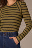 Olive Black Long Puff Sleeve Scoop Neck Stripe Blocked Print Knit Top