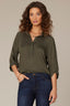 Grape Leaf Three Quarter Raglan Sleeve Half Button Down Placket Pleated Stand Collar Woven Top