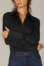 Black Long Button French Cuff Sleeve Collar Neck Hidden Placket Button Down Split Hi-Low Petite Woven Shirt
