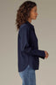 Navy Long Button French Cuff Sleeve Collar Neck Hidden Placket Button Down Split Hi-Low Woven Shirt